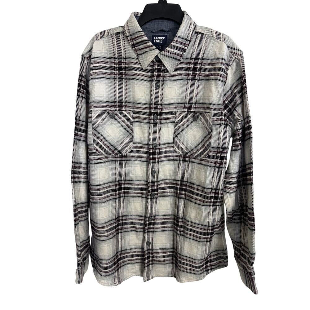 Lands End Rugged Plaid Flannel Button Down Shirt Size Large Cotton Chore Utility
